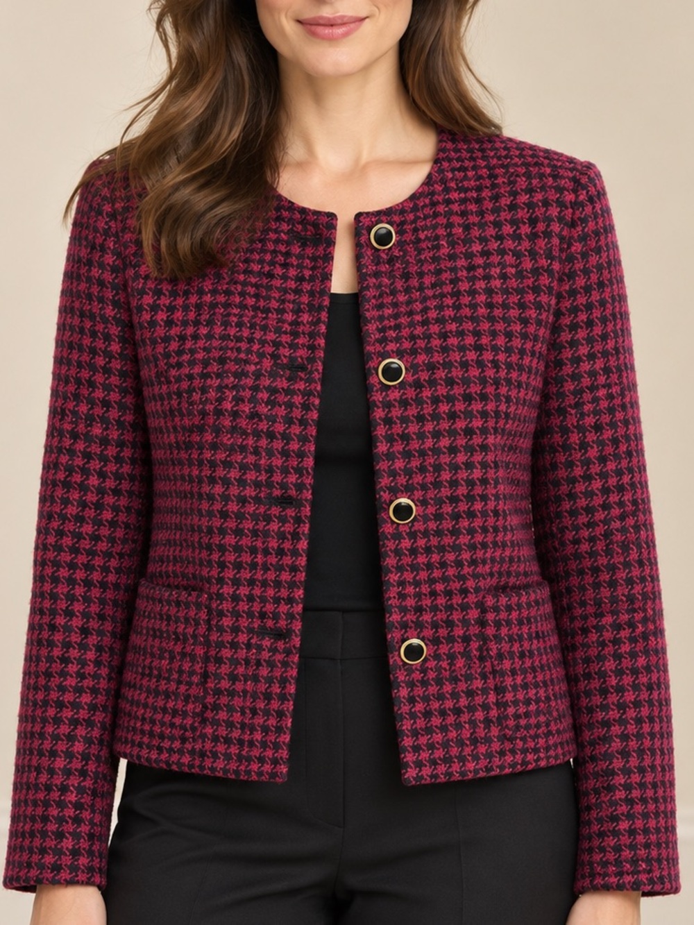 RENA ROWAN PINK BLACK HOUNDSTOOTH COLLARLESS BLAZER JACKET | SIZE 8